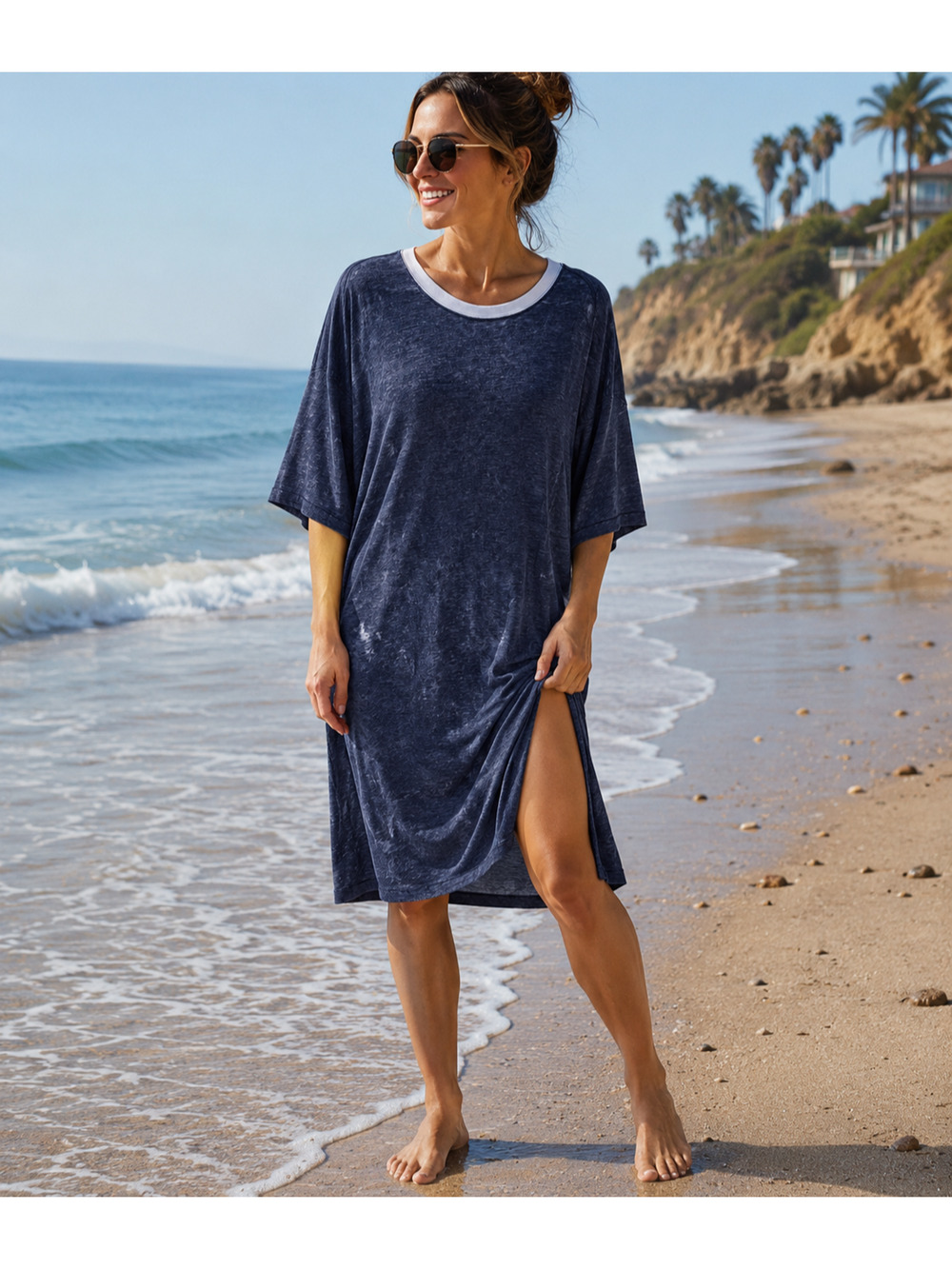 WE THE FREE Cotton Blend Lightweight Burnout Cover-Up Medium Navy Blue Thrashed